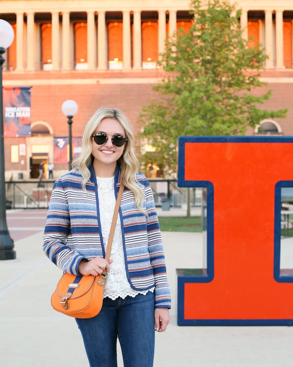 Bows & Sequins styling an outfit that's perfect for a cool college gameday!