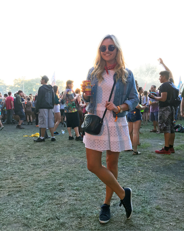 Cute Music Festival Outfit: White Dress, Denim Jacket, and Red Bandana