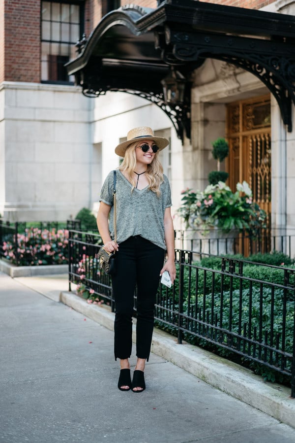 Bows & Sequins styling a casual outfit for fall. Janessa Leone Hat, Oversized Tee, Strappy Bralette, Frame Frayed Hem Jeans, Topshop Suede Mules, Illesteva Sunglasses, Gucci Bag with Chain Strap
