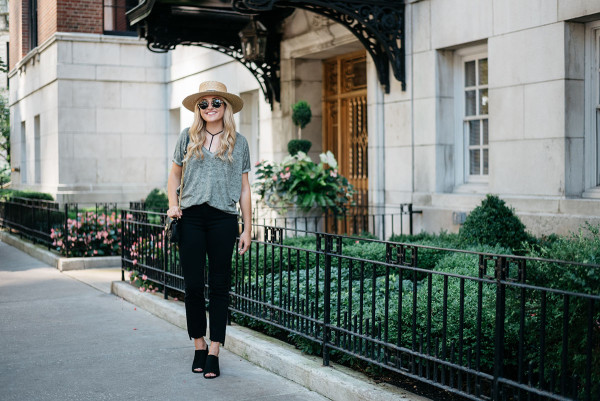 Bows & Sequins styling a casual outfit for fall. Janessa Leone Hat, Oversized Tee, Strappy Bralette, Frame Frayed Hem Jeans, Topshop Suede Mules, Illesteva Sunglasses, Gucci Bag with Chain Strap