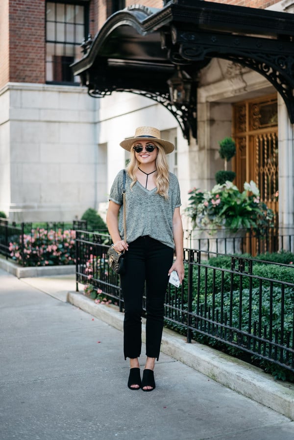 Bows & Sequins styling a casual outfit for fall. Janessa Leone Hat, Oversized Tee, Strappy Bralette, Frame Frayed Hem Jeans, Topshop Suede Mules, Illesteva Sunglasses, Gucci Bag with Chain Strap