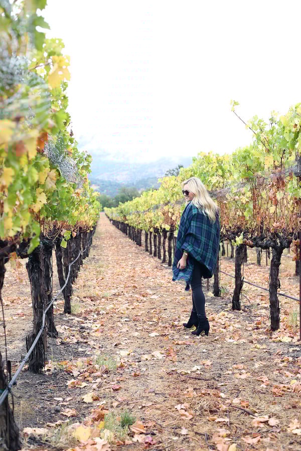 Bows & Sequins wearing a plaid shirt, quilted vest, grey jeans, black booties, and a blanket scarf in Napa, California.