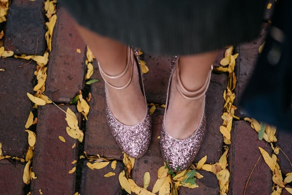 Bows & Sequins styling a pair of Kate Spade glitter heels for fall.