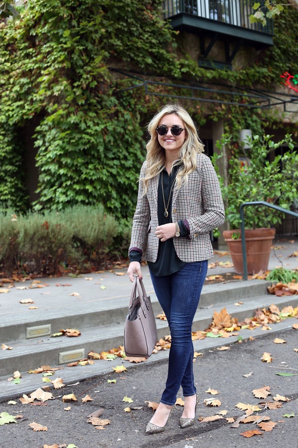 Bows & Sequins styling a fall outfit for the office: Joules Plaid Blazer, LOFT Green Blouse, Rag & Bone Skinny Jeans, J.Crew Glitter Pumps, Illesteva Sunglasses, and an Ivanka Trump Tote.