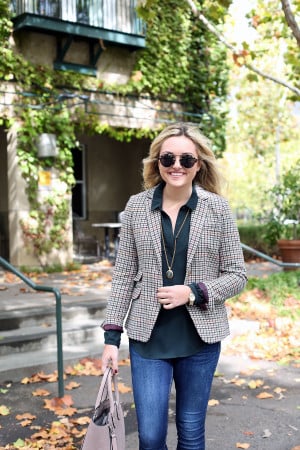 Bows & Sequins styling a fall outfit for the office: Joules Plaid Blazer, LOFT Green Blouse, Rag & Bone Skinny Jeans, Illesteva Sunglasses, and an Ivanka Trump Tote.