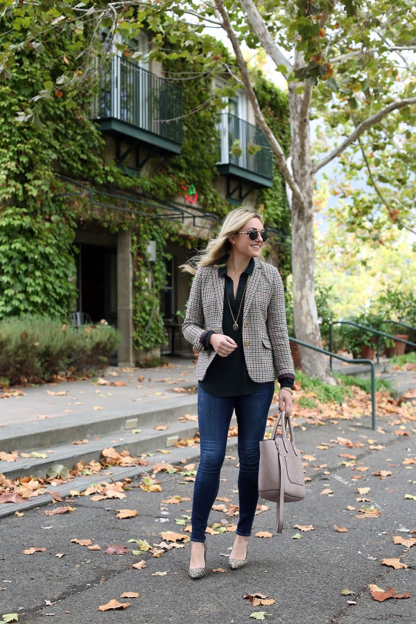 Bows & Sequins styling a fall outfit for the office: Joules Plaid Blazer, LOFT Green Blouse, Rag & Bone Skinny Jeans, J.Crew Glitter Pumps, Illesteva Sunglasses, and an Ivanka Trump Tote.