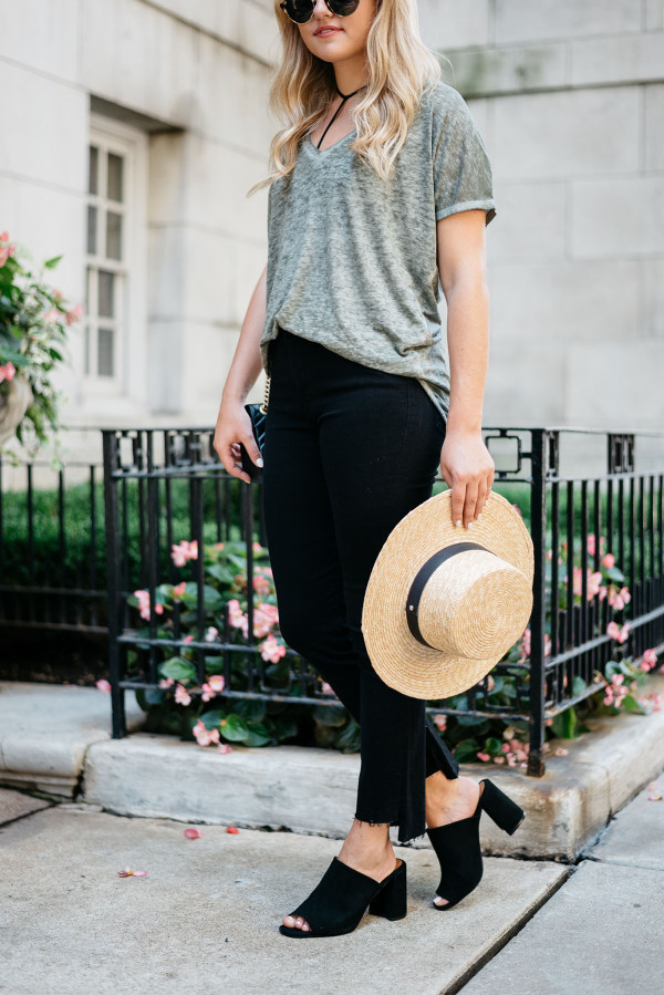 Bows & Sequins styling a casual outfit for fall. Janessa Leone Hat, Oversized Tee, Frame Frayed Hem Jeans, Topshop Suede Mules, Illesteva Sunglasses, Gucci Bag with Chain Strap