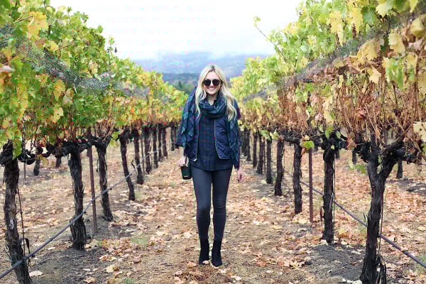 Bows & Sequins wearing a plaid shirt, quilted vest, and a blanket scarf in Napa, California.