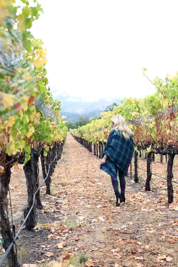 Bows & Sequins wearing a plaid shirt, quilted vest, grey jeans, black booties, and a blanket scarf in Napa, California.