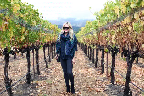 Bows & Sequins wearing a plaid shirt, quilted vest, and a blanket scarf in Napa, California.