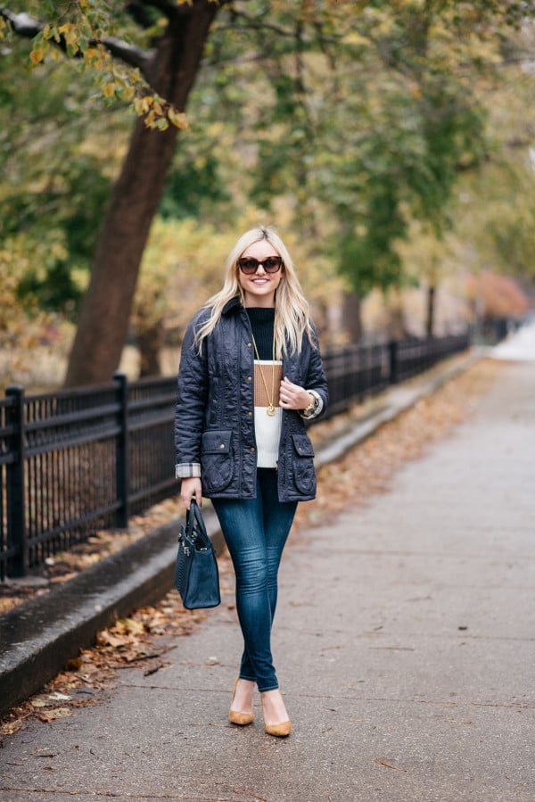 Bows & Sequins wearing a quilted navy Barbour jacket and a striped sweater for Thanksgiving.