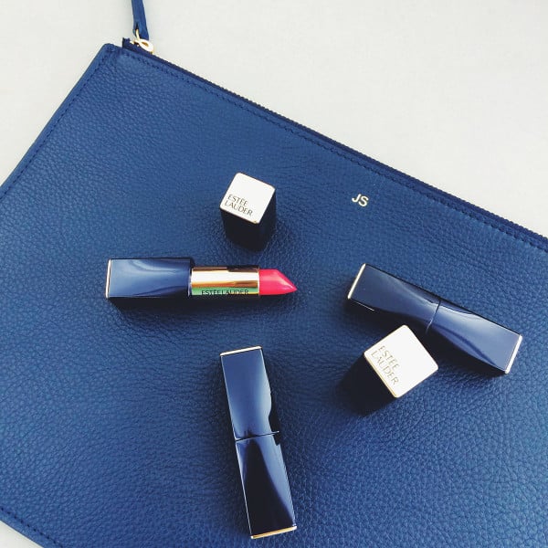 Estee Lauder Lipstick with Navy Blue and Gold Monogrammed Clutch