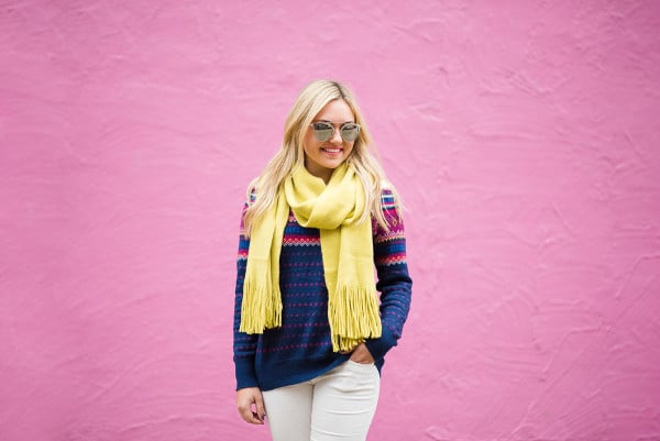Bows & Sequins styling a pair of winter white corduroy pants with a fair isle sweater and bright scarf.