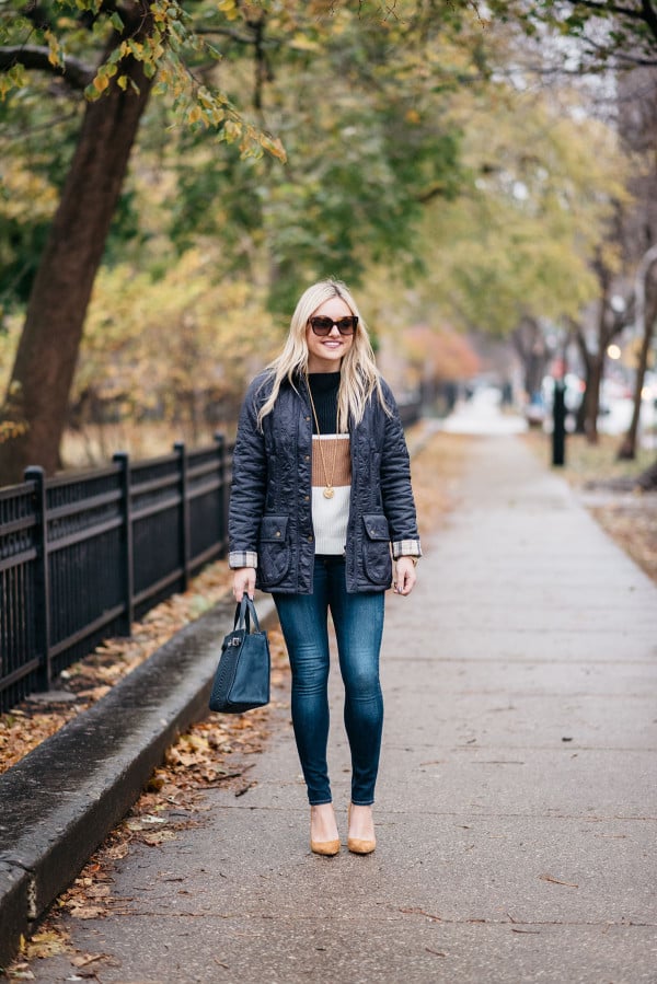 Bows & Sequins wearing her casual Thanksgiving Day outfit: a Barbour jacket, striped sweater, Rag & Bone jeans, and pointed pumps.