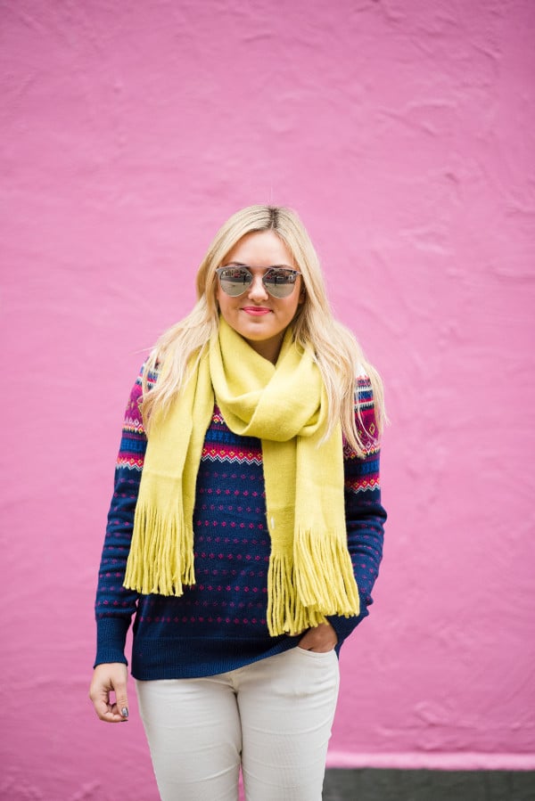 Bows & Sequins styling a pair of winter white corduroy pants with a fair isle sweater and bright scarf.