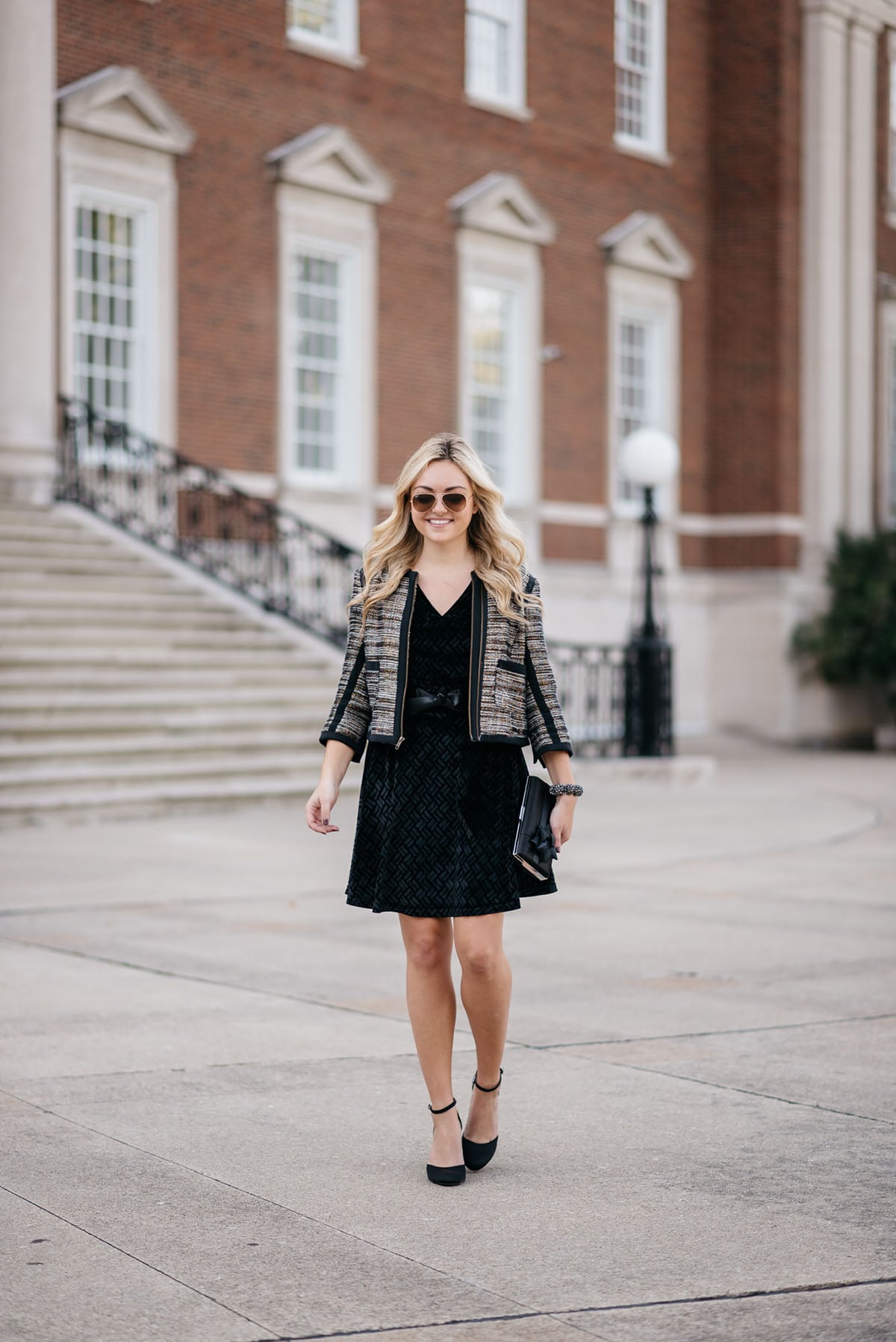 sparkly-tweed-jacket-black-dress-holiday-party — bows & sequins