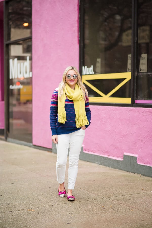 Bows & Sequins styling a pair of winter white corduroy pants with bright colors.