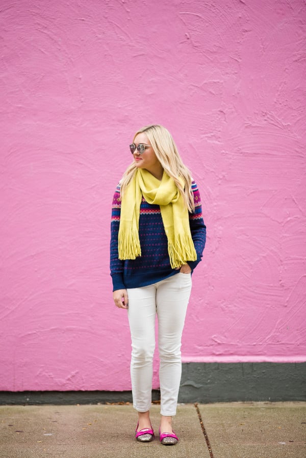 Bows & Sequins styling a pair of winter white corduroy pants with brightly color knits.