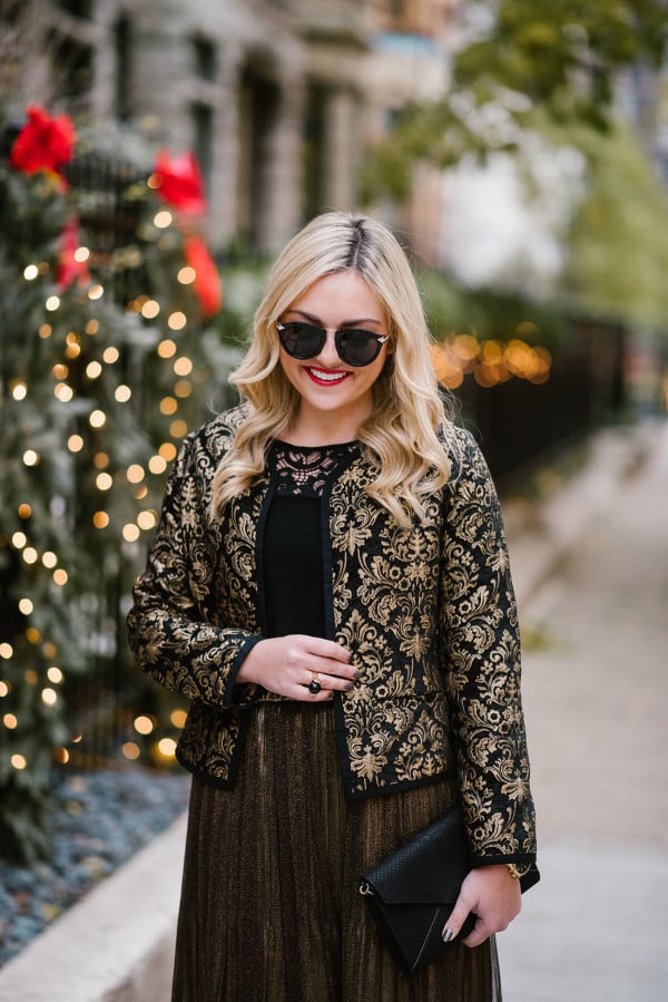 Bows & Sequins styling a black and gold jacquard jacket two different ways for holiday parties!