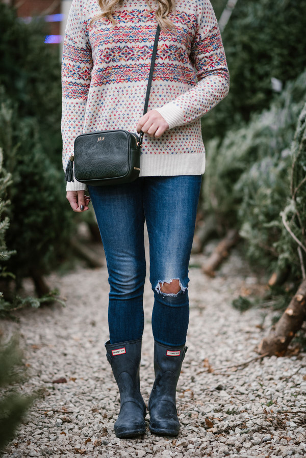 Bows & Sequins wearing a colorful J.Crew sweater, skinny jeans, Hunter boots, and a Gigi New York crossbody bag to pick out a Christmas tree in the city.