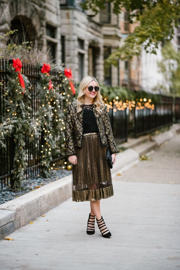 Bows & Sequins styling a shimmery gold midi skirt for a festive holiday party or New Years Eve.