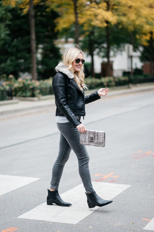Bows & Sequins styling a monochromatic grey and black outfit in Chicago.