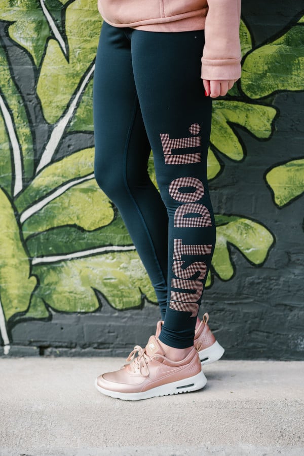 Bows & Sequins wearing navy & copper Just Do It leggings with Nike rose gold sneakers.