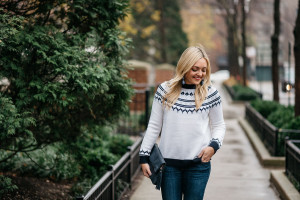 Bows & Sequins wearing a blue and white fair isle sweater from Tuckernuck.