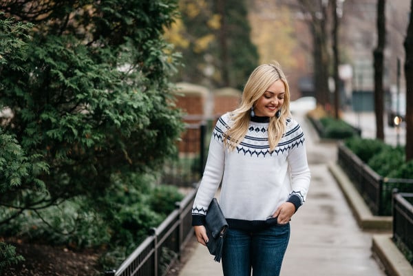 Bows & Sequins wearing a blue and white fair isle sweater from Tuckernuck. 