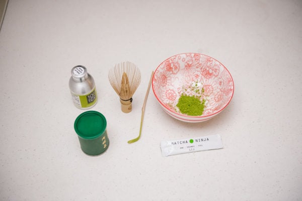 Ingredients to Make Matcha Latte at Home: Tea Powder, Bamboo Whisk, Tea Bowl