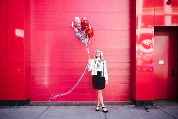 Bows & Sequins styling a black and white outfit for Valentine's Day.