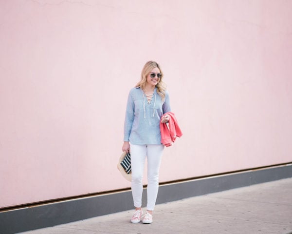 Bows & Sequins wearing white jeans for spring.