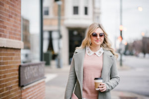 Fashion blogger Bows & Sequins wearing blush pink and mint green outfit.
