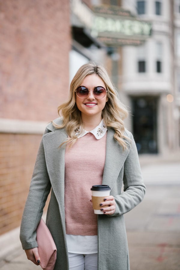 Bows & Sequins wearing blush pink sweater and mint jacket.