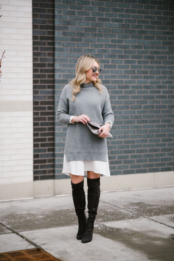 Bows & Sequins styling a sweater dress for winter weather.