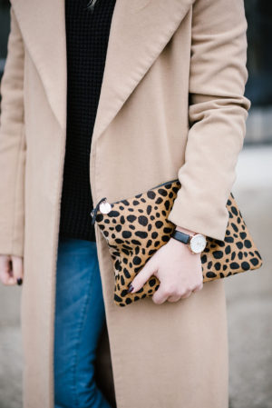 Bows & Sequins styling a leopard Clare V clutch.