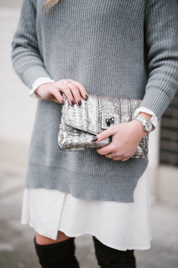 Bows & Sequins using a metallic silver clutch by Milly.