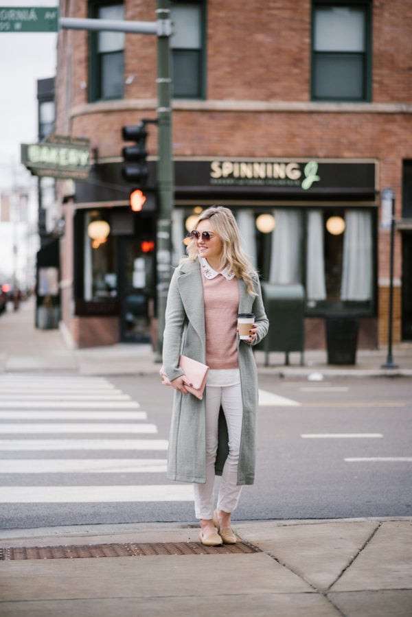 Fashion blogger Bows & Sequins styling a late winter pastel outfit in Chicago.
