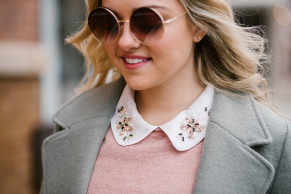 Bows & Sequins styling pink sweater with jewel collar.