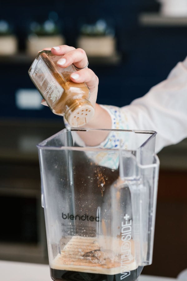 Blogger Bows & Sequins shares a recipe for Bulletproof Coffee with cinnamon in a Blendtec blender.