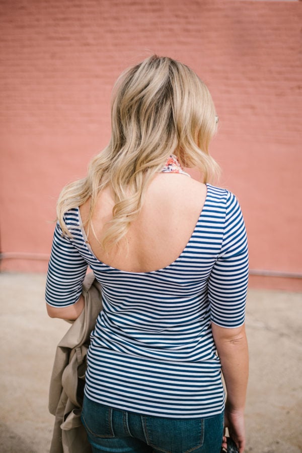 Bows & Sequins wearing a low back tee from Old Navy.