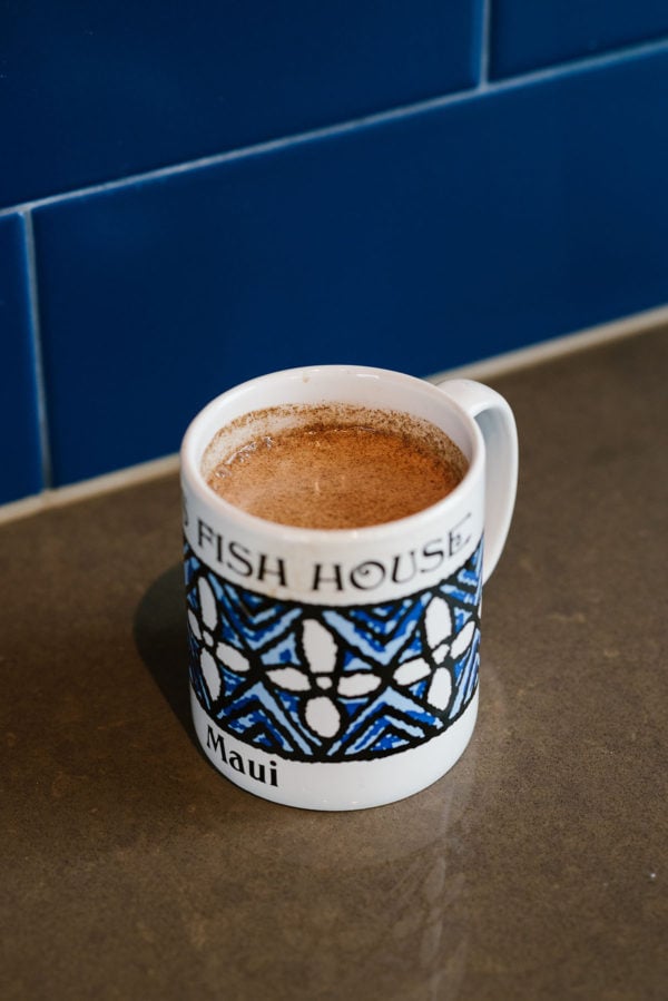 Bows & Sequins shares a recipe for Bulletproof Coffee using a Vitamix in a blue and white mug from Mama's Fish House in Maui.