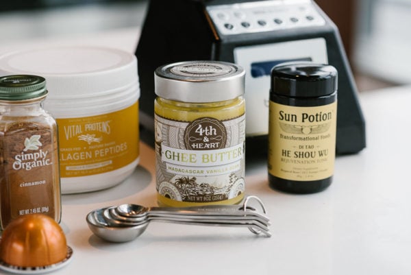Bows & Sequins shares a recipe for Bulletproof Coffee with Vital Proteins Collagen Peptides, 4th & Heart Vanilla Ghee Butter, and Sun Potion He Shou Wu.