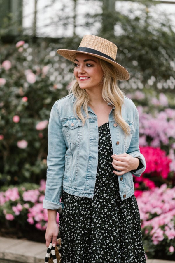 Style blogger Bows & Sequins wearing an Old Navy floral print dress with a denim jacket for spring.