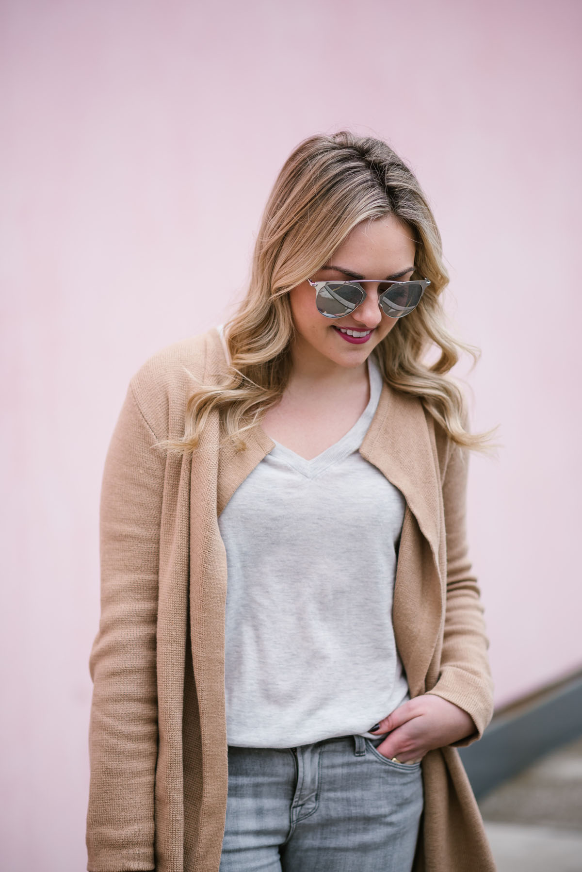 Fashion blogger Bows & Sequins wearing a cashmere Equipment sweater and a camel Old Navy cardigan.