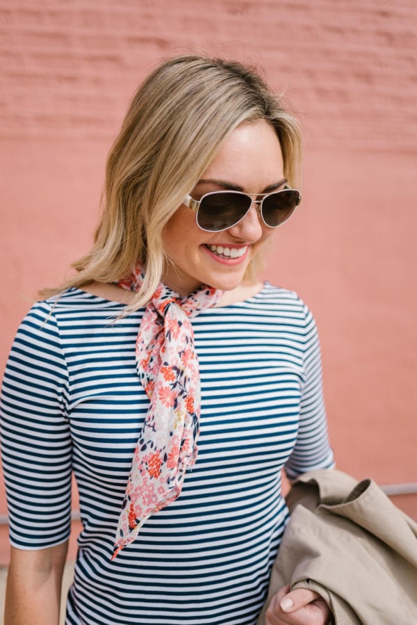Fashion blogger Jessica Sturdy wearing a blue striped ballet tee with a floral scarf.