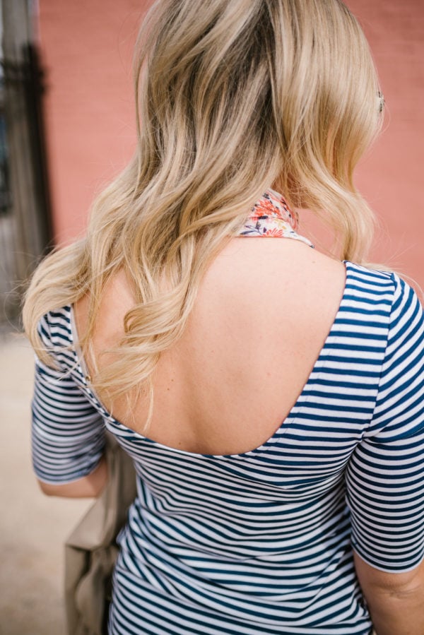 Bows & Sequins wearing a scoop back striped ballet tee from Old Navy.