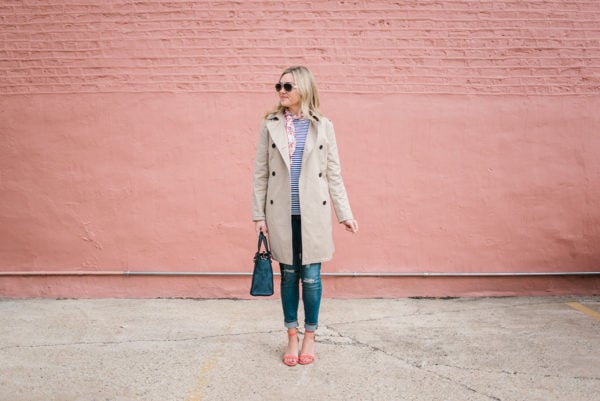 Jessica Sturdy wearing an Old Navy trench coat and coral ankle-strap heels with a navy Kate Spade handbag.