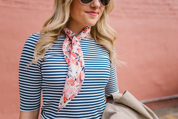 Bows & Sequins wearing a blue striped Old Navy tee with a floral neckerchief.