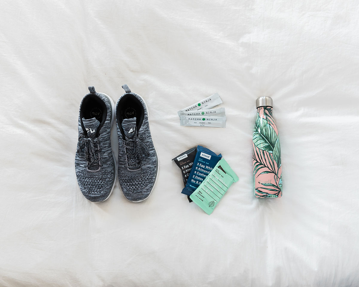 APL Sneakers, RX bars, Matcha Ninja packets, Swell Leaf Water Bottle
